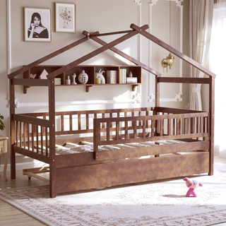 Sunvega Twin Size Wooden House Bed with Trundle and Headboard in Walnut