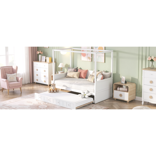 Sunvega Modern White Twin Size Canopy Day Bed with Trundle for Space Saving