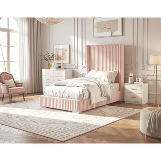 Sunvega Contemporary White Fur Chenille Fabric Mattress Ready Queen Size Bed
