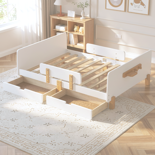 Sunvega Twin Size Solid Wood Platform Bed with Storage Drawers and Guardrail
