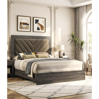 Sunvega Queen Size Upholstered Bed with V Shaped Headboard in Gray Finish