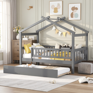 Sunvega Twin Size Wooden House Bed with Trundle and Headboard in Walnut
