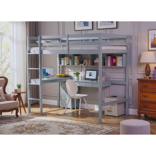 Sunvega Pink Rubber Wood Twin High Loft Bed with Safety Guardrail and Built-in Desk