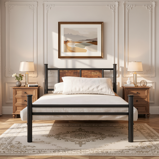 Sunvega Sturdy Twin Bed Frame with Wood Headboard Footboard and Metal Slats Support