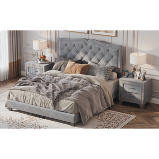 Sunvega Queen Size Upholstered Platform Bed with Tufted Velvet Headboard and Rivet Accents