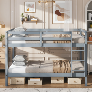 Sunvega Twin over Twin Floor Bunk Bed with Ladder and Strengthened Slats in Espresso