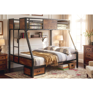 Sunvega Industrial Black Metal Bunk Bed With Wood Panels And Attached Ladder