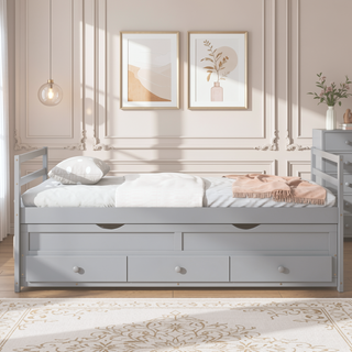 Sunvega Twin Size Pine Wood Bed with Headboard, Footboard, Trundle, and Three Storage Drawers
