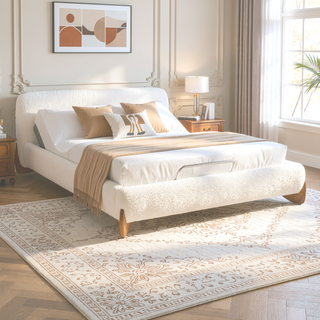 Sunvega Modern Puffy Platform Bed with Arched Headboard in Ivory White Boucle