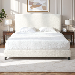 Sunvega King Size White Boucle Upholstered Platform Bed with Padded Headboard