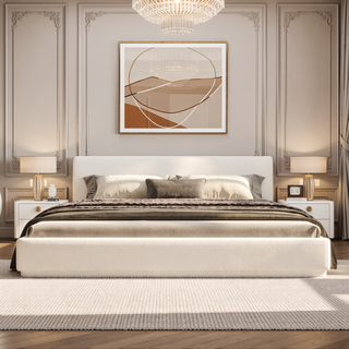 Sunvega Upholstered Bed with Padded Headboard and Wooden Slat Frame in White