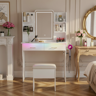 Sunvega Vanity Desk with LED Lights Mirror Power Outlet and Storage Drawers