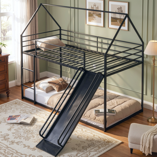 Sunvega Twin over Twin House Bunk Bed with Ladder and Slide in White
