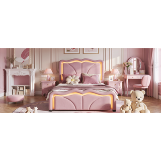 Sunvega Pink Twin Size Upholstered Bed with Height-Adjustable Headboard and LED Light Strips