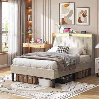 Sunvega Full Size Upholstered Platform Bed Frame with Headboard and USB Charging