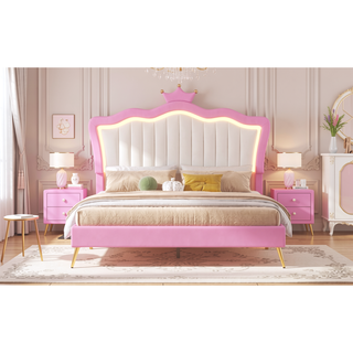 Sunvega Full Size Upholstered Princess Bed with Crown Headboard and LED Lights