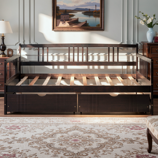 Sunvega Full Size Daybed with Twin Trundle Solid Wood Frame for Living Room