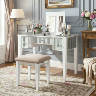 Sunvega Transitional White Solid Wood Vanity Set with Storage Drawers and Padded Stool