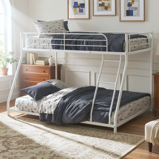 Sunvega Contemporary Style White Metal Twin Over Full Bunk Bed With Angled Ladder