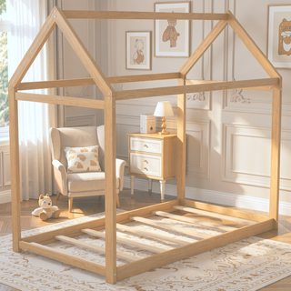 Sunvega Twin Size Gray Wooden House Bed with Eaves Design for Kids Room