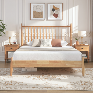 Sunvega Mid-Century Modern Design Full Platform Bed with Vertical Slats Headboard