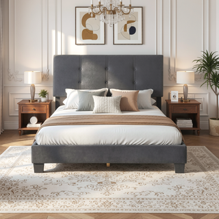Sunvega Light Brown Velvet Upholstered Queen Platform Bed with Adjustable Height Headboard