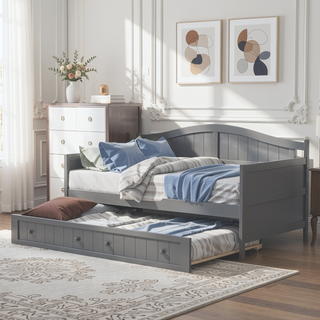 Sunvega Twin Wooden Daybed with Trundle Sofa Bed for Bedroom Living Room Gray