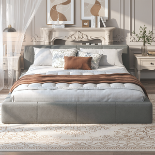 Sunvega Stylish Gray Upholstered King Bed with Faux Leather and Wood Frame