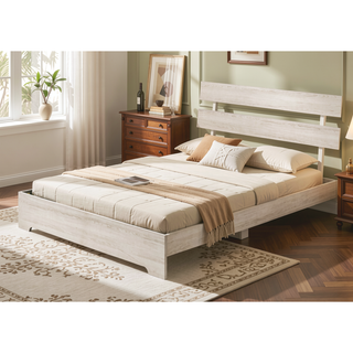 Sunvega Rustic Contemporary Platform Bed Frame with White Wash Finish and Slat Headboard