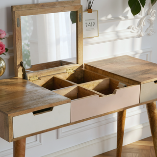 Sunvega Solid Mango Wood Dressing Table with 3 Gradient Pink and Beige Drawers
