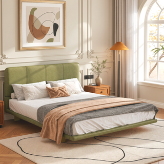 Sunvega Floating Bed Frame with Modern PU Leather Upholstery and Remote LED Lights Queen Size