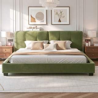 Sunvega King Size Velvet Bed Frame with Curved Tufted Headboard and Square Corners