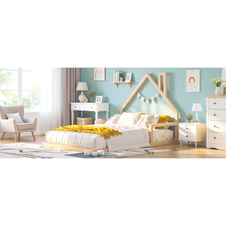 Sunvega Natural Wood Floor Bed with House-Shaped Headboard for Kids Room