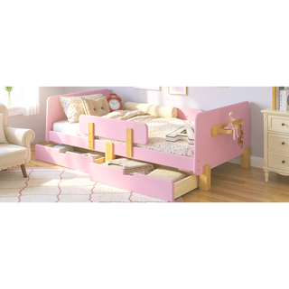Sunvega Twin Size Solid Wood Platform Bed with Storage Drawers and Guardrail