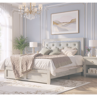 Sunvega Modern Beige Faux Leather Queen Panel Bed with Headboard Lighting