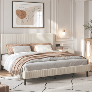 Sunvega Sturdy Noiseless Metal King Bed Frame with Beige Headboard