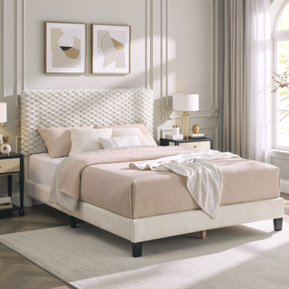 Sunvega Plush 3D Upholstered Platform Bed in White Dove with Height Adjustable Headboard