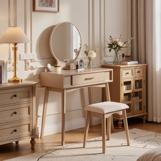 Sunvega Gold Modern Wood Vanity Set with Round Mirror and Matching Stool