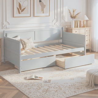 Sunvega Twin Size Pine Wood Daybed with Two Storage Drawers in White
