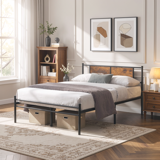 Sunvega Twin Size Metal Bed Frame with Wood Panel Headboard and Under Storage