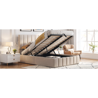 Sunvega Upholstered Platform Bed with Hydraulic Storage System in White Linen