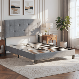 Sunvega King Size Upholstered Platform Bed with Button Tufted Linen Headboard