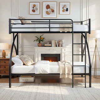 Sunvega Gray Metal Twin/Full Bunk Bed with Guard Rails and Ladder