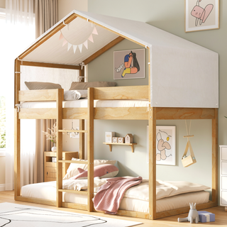 Sunvega Twin Over Twin Wood Bunk Bed with Playhouse Tent for Kids Room
