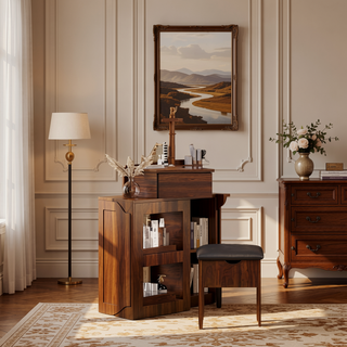 Sunvega Corner Vanity Desk Set with Storage Stool Charging Station and Glass Tabletop