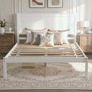 Sunvega Sturdy Wood Platform Bed Frame with Headboard for Queen Size Oak Finish