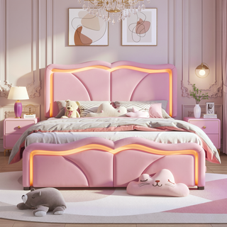 Sunvega Pink Twin Size Upholstered Bed with Height-Adjustable Headboard and LED Light Strips