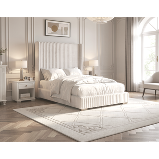 Sunvega Contemporary White Fur Chenille Fabric Mattress Ready Queen Size Bed
