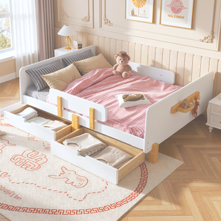 Sunvega Twin Size Solid Wood Platform Bed with Storage Drawers and Guardrail