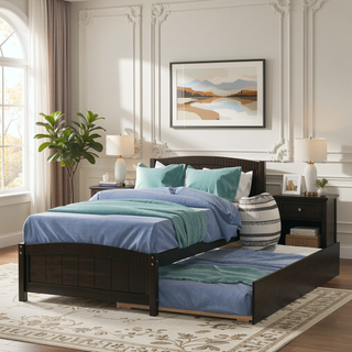 Sunvega White Twin Size Wood Platform Bed with Trundle for Maximized Space